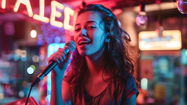 Young woman singing karaoke in a bar with red and blue neon lights in the background