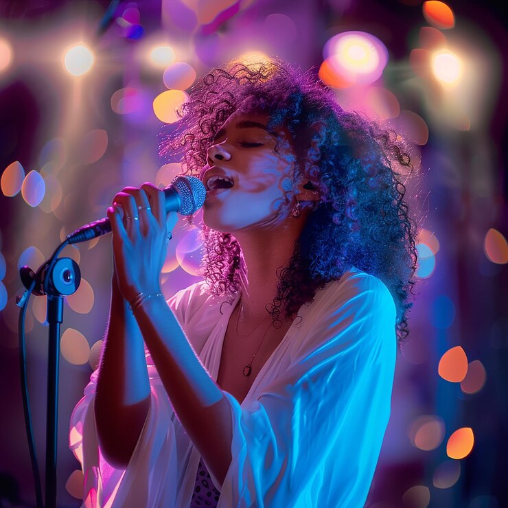 Photo young woman singing with microphone indoor attractive young female singing with closed eyes