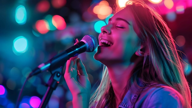 A young woman sings into a microphone with a colorful background of lights She is wearing a blue jean jacket and has long blond hair