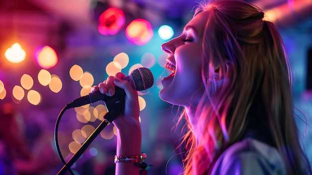 A young woman sings into a microphone with a colorful background of lights She is wearing a casual outfit and has her hair in a ponytail