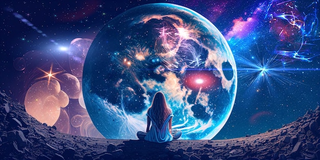 young woman sit on earth and watch big moon on space night starry sky flares esoteric universe