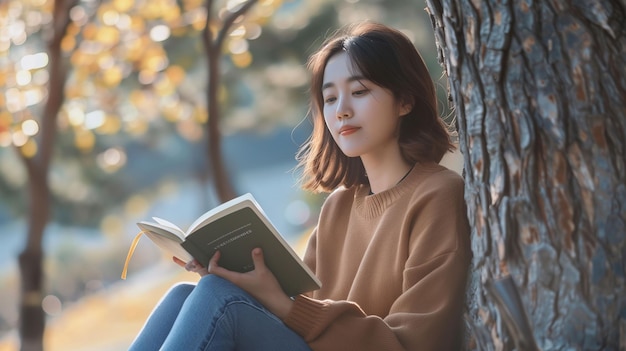 a young woman sits on a bench reading a book