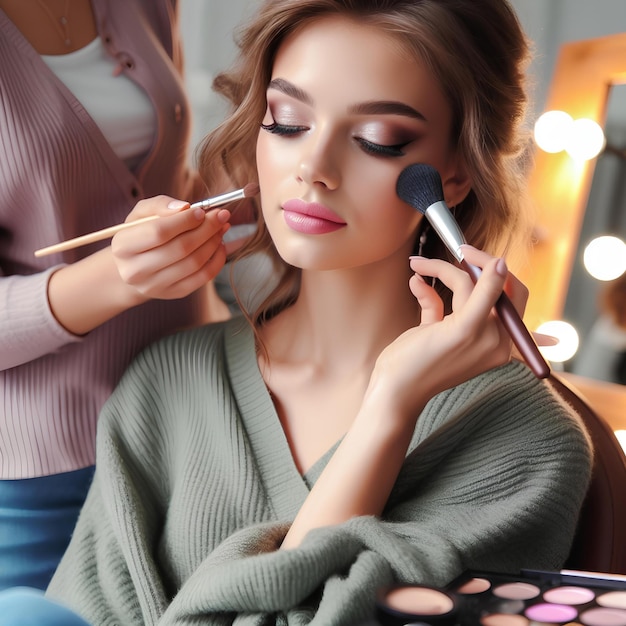 young woman sits in the chair of a makeup artist who does her makeup