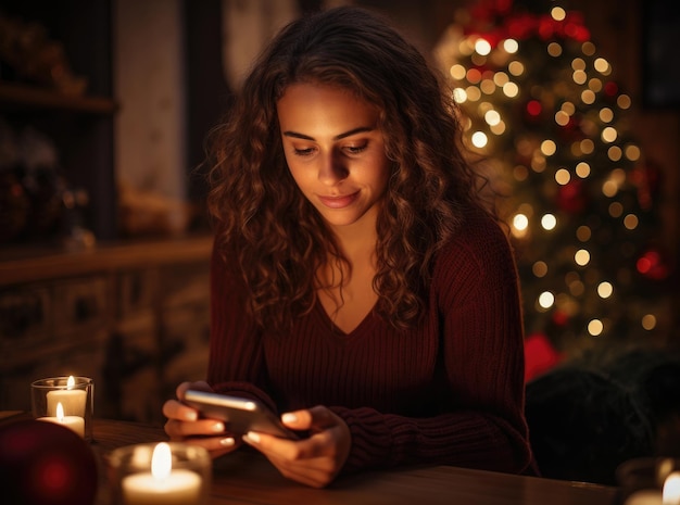 A young woman sits at the Christmas table and looks at her phone