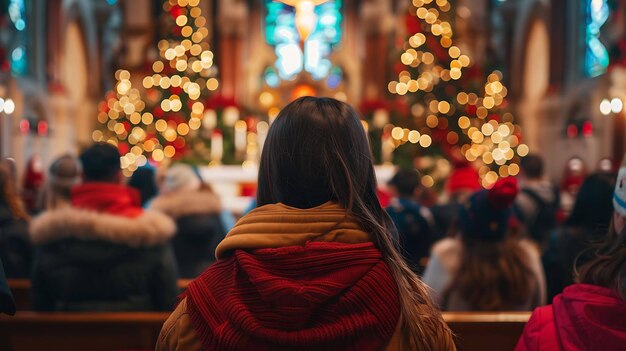 Photo a young woman sits in a church her back to the camera she is wearing a brown sweater and a red scarf the church is decorated with christmas lights