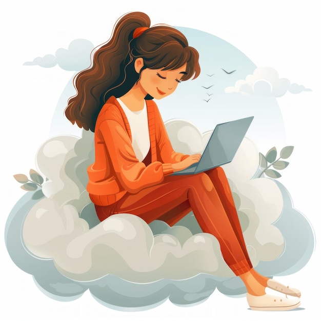 Photo a young woman sits on a cloud and uses a laptop