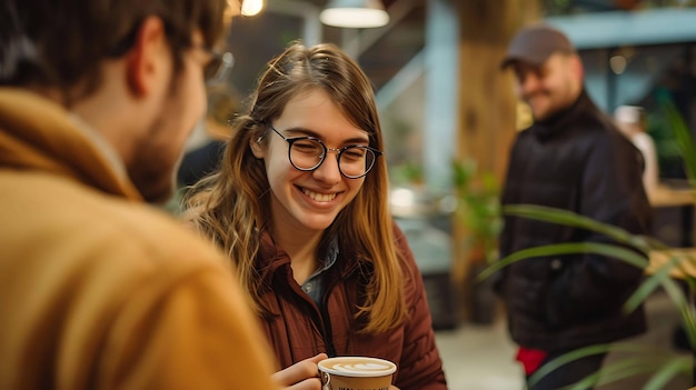 若い女性がコーヒーショップに座って友人と笑い合っている彼女はマルーン色のセーターとメガネを着ておりの毛はポニーテールです