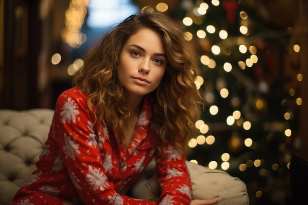 Молодая женщина сидит на зеленом диване перед рождественскими деревьями.