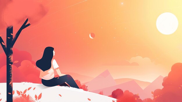 Photo a young woman sits on a hilltop looking out at the sunset the sky is a gradient of orange and pink and the sun is just sinking below the horizon