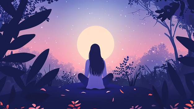 Photo a young woman sits on a hilltop overlooking a beautiful landscape the full moon rises in the background casting a warm glow over the scene