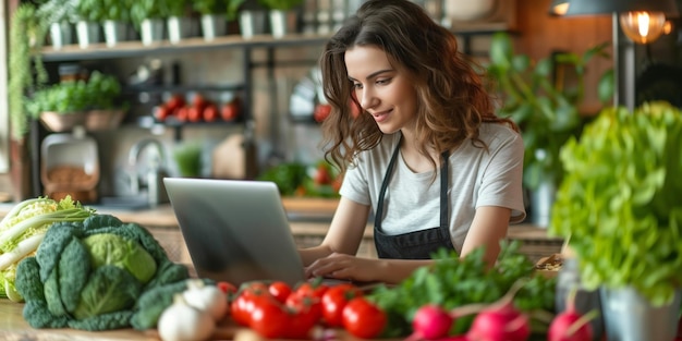 Young Woman Sits With A Laptop At A Table In The Kitchen Surrounded By Greens And Vegetables