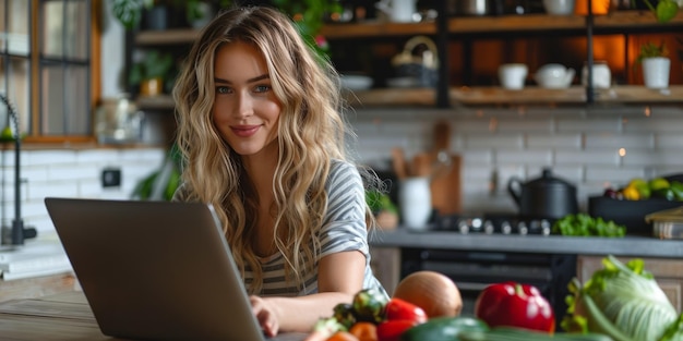 Young Woman Sits With A Laptop At A Table In The Kitchen Surrounded By Greens And Vegetables