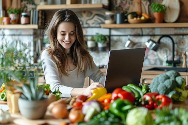 Young Woman Sits With A Laptop At A Table In The Kitchen Surrounded By Greens And Vegetables