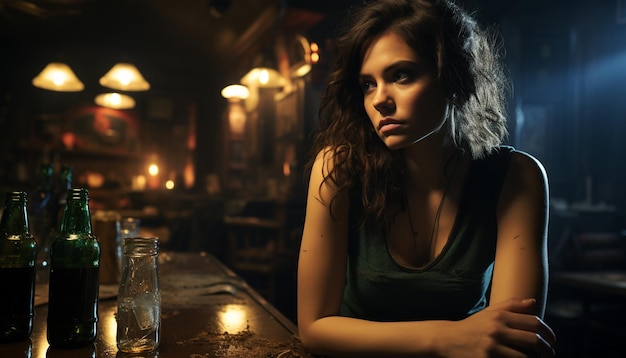 Photo young woman sitting alone in a dimly lit nightclub looking sad generated by artificial intelligence