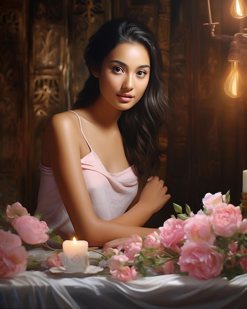 Young Woman Sitting Beautifully at Table