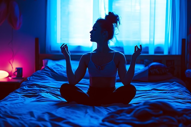 Young woman sitting on the bed and meditates