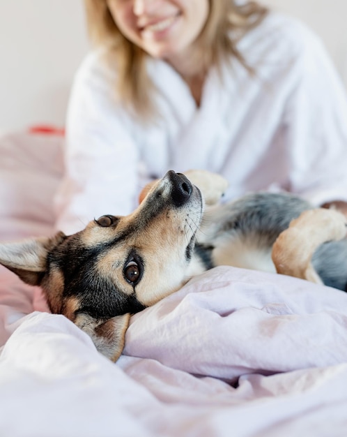 Young woman sitting in the bed with her dog