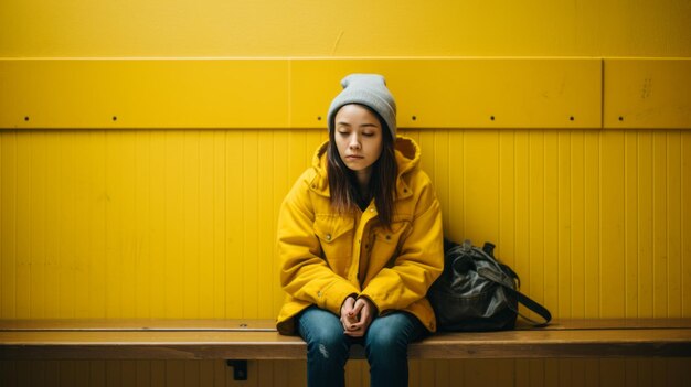 a young woman sitting on a bench in front of a yellow wall