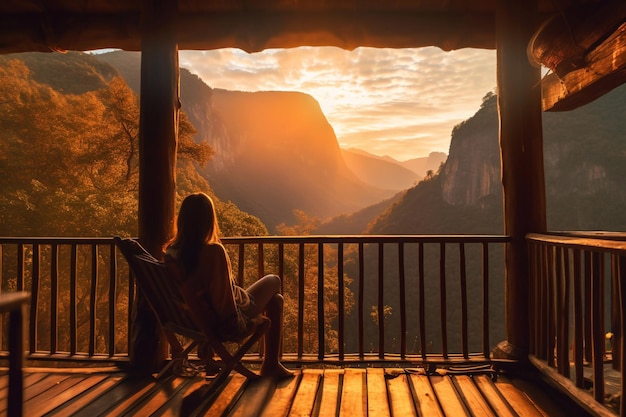 Young woman sitting on the bench looking out to the sea and watching the sunset beach Generative AI