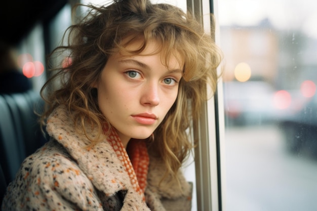 a young woman sitting on a bus looking out the window