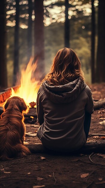 森で犬と一緒にキャンプファイヤーのそばに座っている若い女性