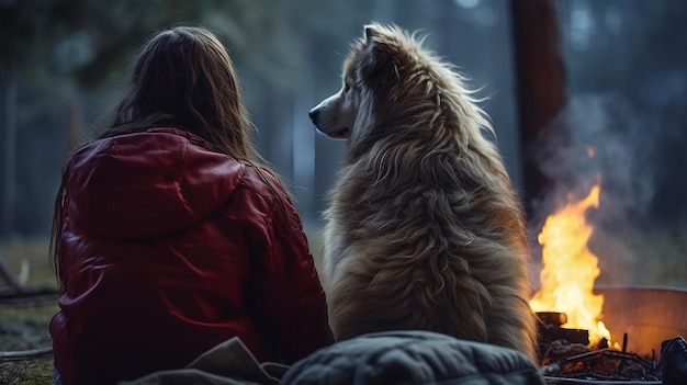 森で犬と一緒にキャンプファイヤーのそばに座っている若い女性