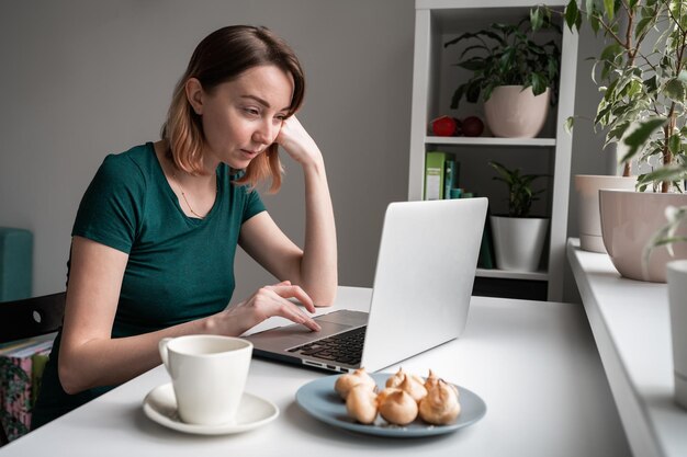 Young woman sitting by the window with laptop tea or coffee\
with sweets