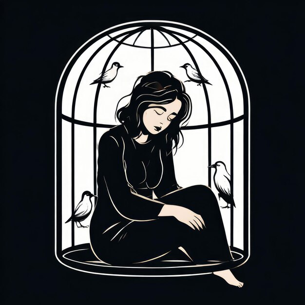 Photo young woman sitting in the cell like a bird black and white illustration