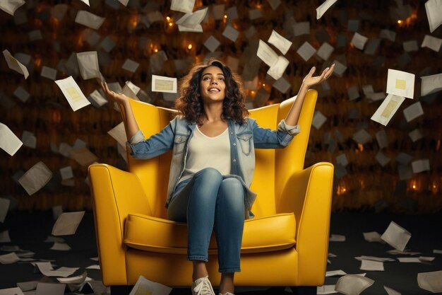 Photo young woman sitting on chair felling happy