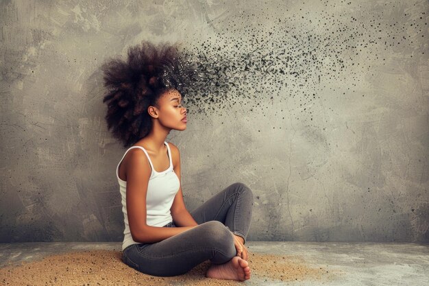 Photo young woman sitting crosslegged against a grey backdrop her head fading into pixellike particles representing the silent struggle with mental health and depression