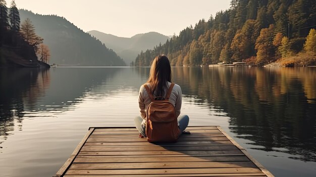 Young Woman Sitting on Deck Looking to the River Alone Female Lonely Travel Backpack Relaxation