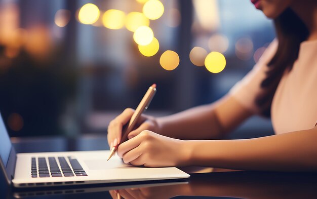 Young woman sitting on desktop laptop