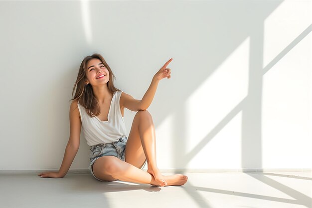 Photo young woman sitting on floor pointing