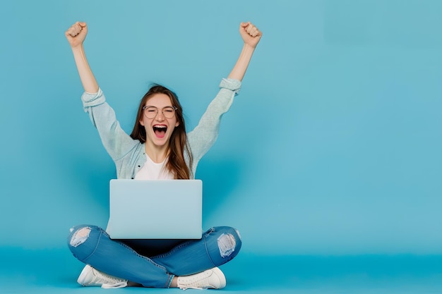 Photo young woman sitting on the floor with her laptop