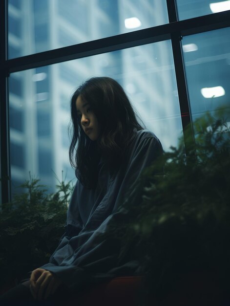 창문 앞에 앉아 있는 젊은 여자