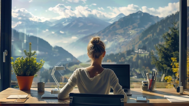 Foto una giovane donna seduta alla sua scrivania e guardando il bellissimo paesaggio di montagna indossa un maglione bianco e ha i capelli in un panino