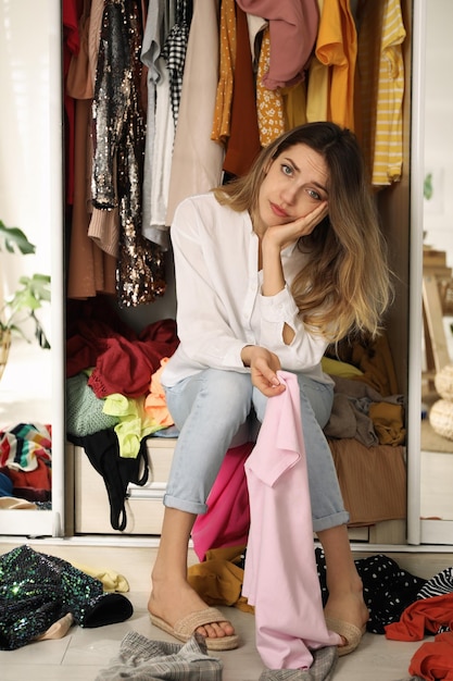 Фото Молодая женщина сидит в гардеробе с разной одеждой в помещении концепция быстрой моды