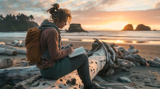 Foto giovane donna seduta su un tronco sulla spiaggia che scrive nel suo diario e guarda il tramonto indossa uno zaino e un maglione caldo
