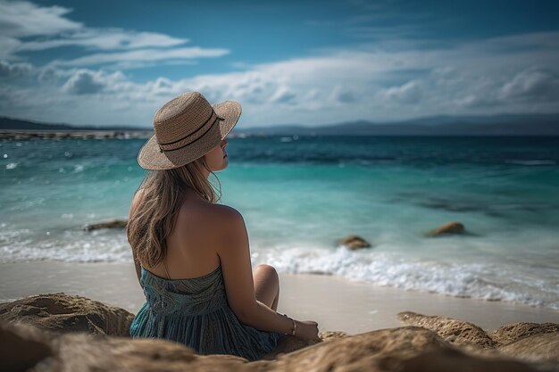 写真 岩の海岸に座っている若い女性