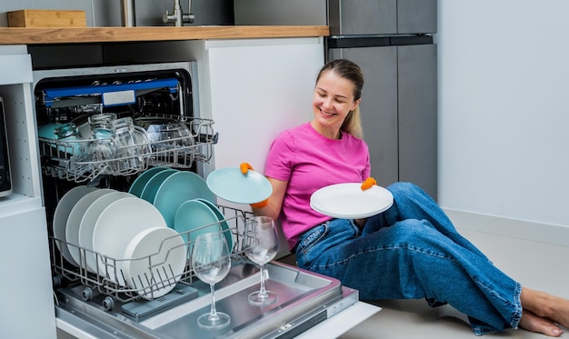 写真 食器洗い機の近くの床に座っている若い女性