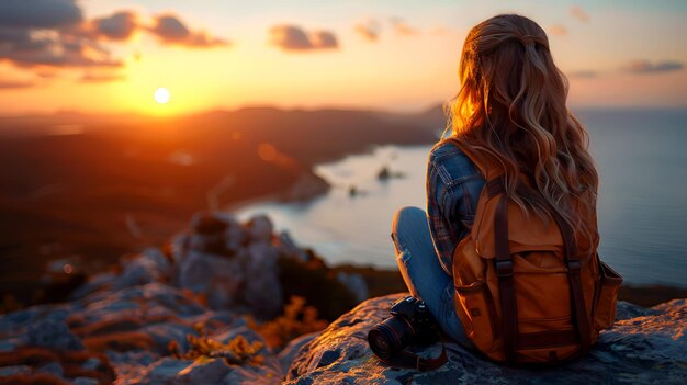 Young woman sitting on a rock and looking at the sunset with a backpack on her back