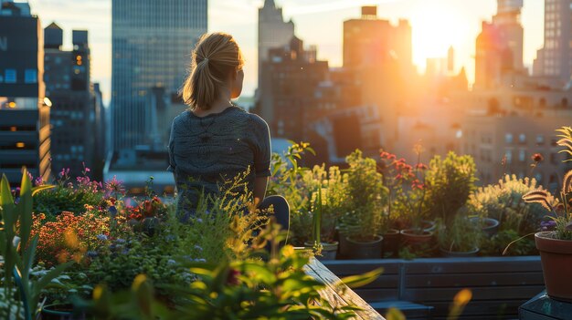 屋根上の庭に座って日没を楽しんでいる若い女性彼女は植物と花に囲まれています太陽は街のスカイラインの後ろに沈んでいます