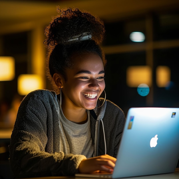 Giovane donna seduta sul divano che usa un laptop progettista donna che lavora in un ufficio moderno donne d'affari che sorridono e guardano il computer