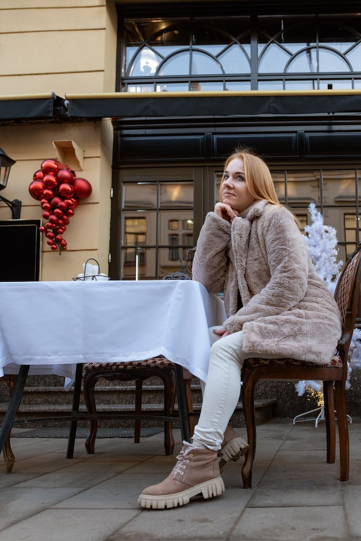 Photo young woman sitting in street cafe christmas decorations in the background cold season walk in the city vertical frame