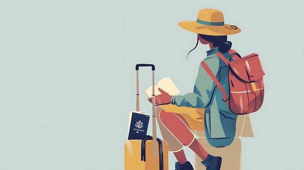 Photo young woman sitting on a suitcase holding a passport and looking at a map she is wearing a hat and a backpack