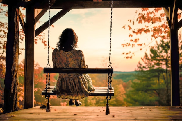 일몰 때 가을 숲의 그네에 앉아 있는 젊은 여성