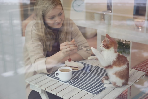 Young woman sitting at table in cat cafe view from outside