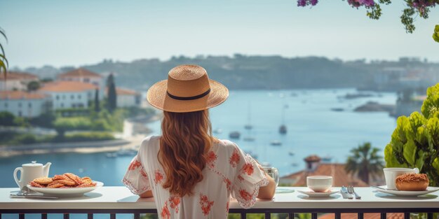 Foto giovane donna seduta a un tavolo in un ristorante d'albergo vista posteriore vacanza estiva in una stanza di lusso vicino al mare ai generativa