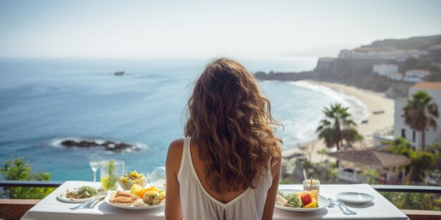 Young woman sitting at a table in a hotel restaurant back view summer vacation in a luxury room by the sea Generative AI