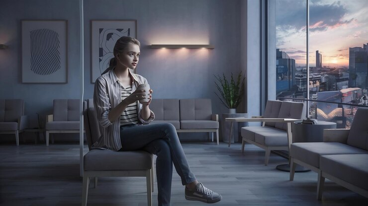 Photo young woman sitting in waiting room